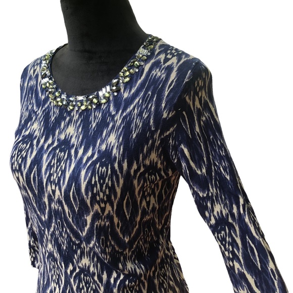Inc Blue Printed Beaded Neckline Lightweight Sweater size Small - Picture 2 of 8